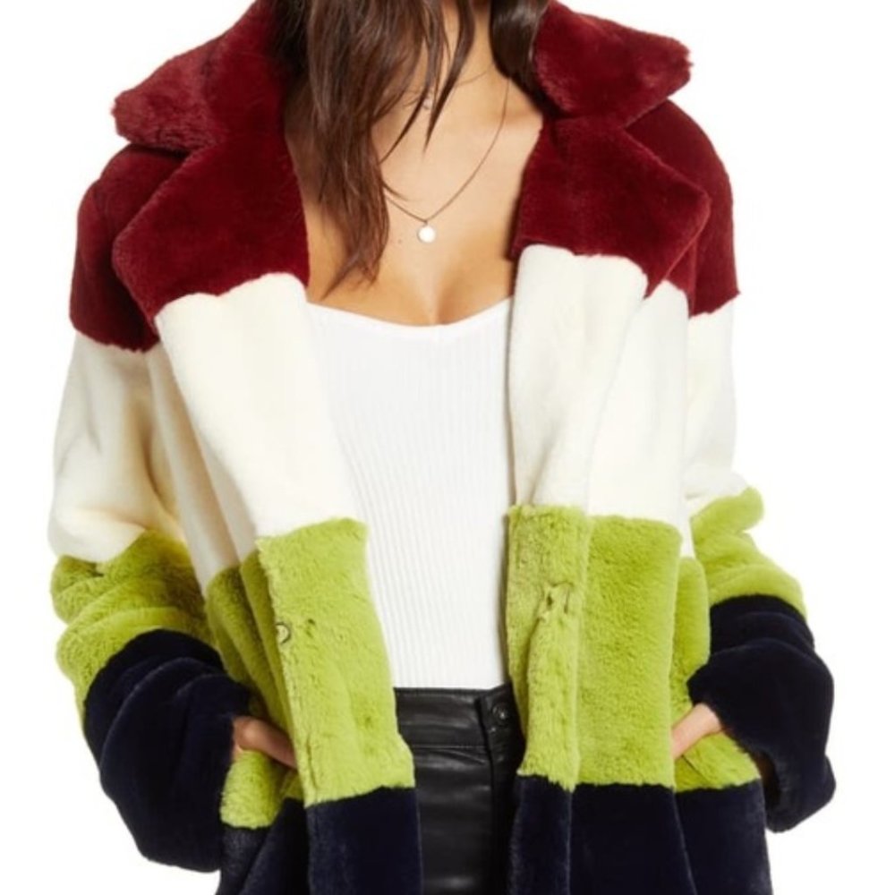 Blank NYC Multi Color Block Super Nova Faux Fur Coat
